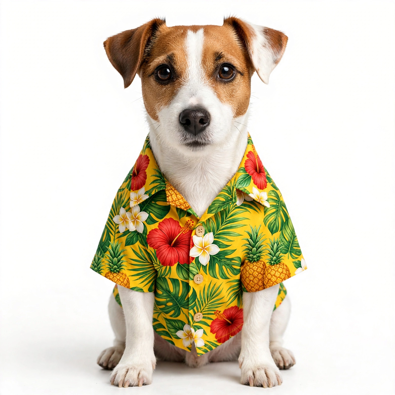 A Jack Russell terrier wearing a yellow pineapple-print Hawaiian shirt